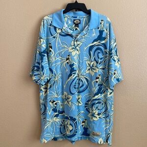 Tommy Bahama Size XL Cotton Polo Shirt Blue Cream Hula Girl Palm Tree Hawaiian